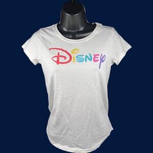 Disney XL Youth Rainbow Graphic T-Shirt White Crew Short Sleeve Colorful Modern